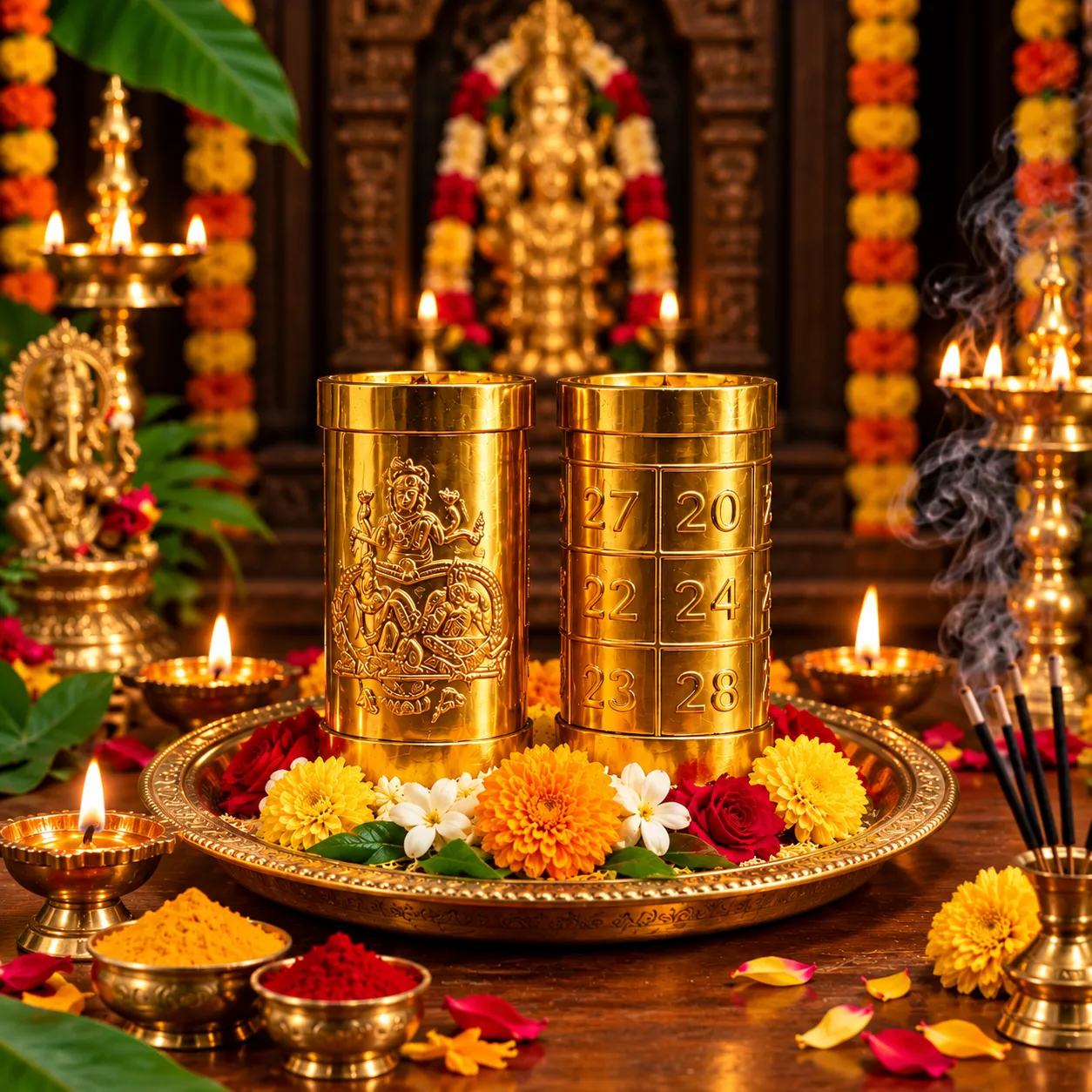 Lakshmi Kubera Padi with Kubera Numbers | Traditional Gold Finish Pooja Stand | S